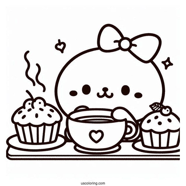Sanrio Coloring Pages Of Pompompurin Drinking Tea With Muffin