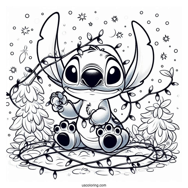 Stitch Tangled In Christmas Lights Coloring Page