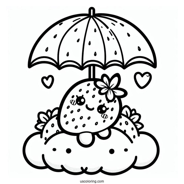 Kawaii Strawberry Coloring Page On The Cloud With An Umbrella For Kids