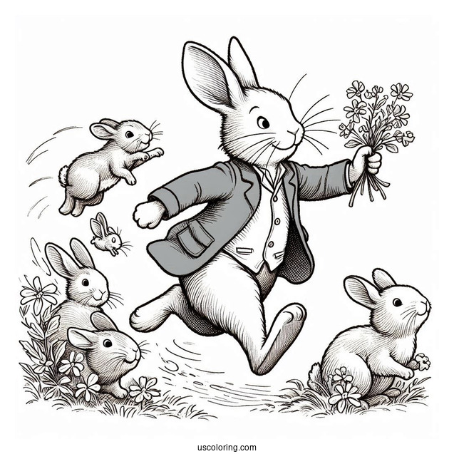 Thomas McGregor Chasing Peter Rabbit Coloring Page, Flops, Mopsy, Cotton Tail, And Friends