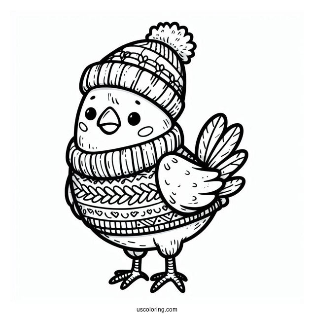 Chicken Wearing a Sweater And Beanie To Color