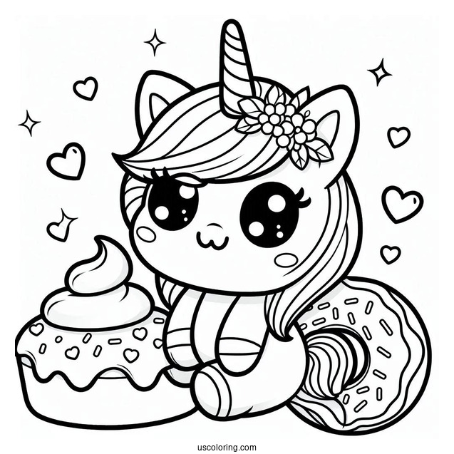 Kawaii Unicorn On A Donut Coloring Page