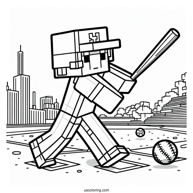 Minecraft Baseball Coloring Page Of Player Batting For Kids