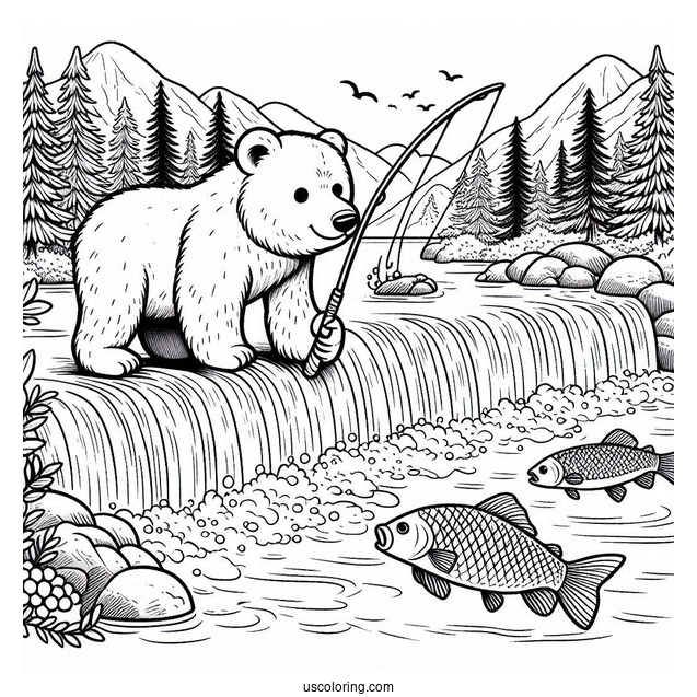 Simple Bear Coloring Page Catching Fish In Waterfalls
