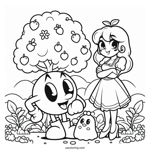 Pac Man With Mrs. Pac-Man Coloring Page And Baby In The Garden