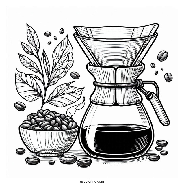Coffee Coloring Pages Of Outline Of Chemex Coffee Maker With Filter And Bowl Of Beans