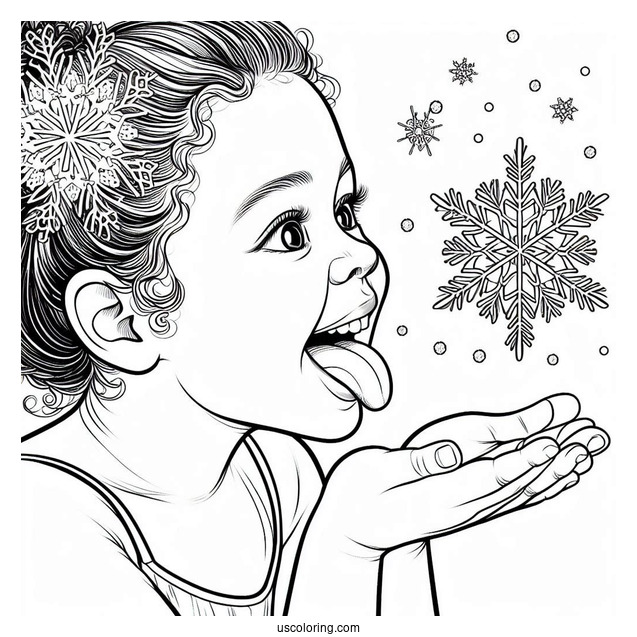 Realistic Little Girl Sticking Tongue Out To Catch Snowflake Coloring Page