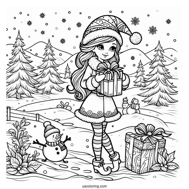 Elf Holding Present Walking In The Snow