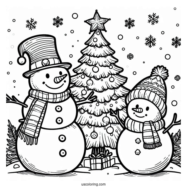Snowman And Christmas Tree To Color