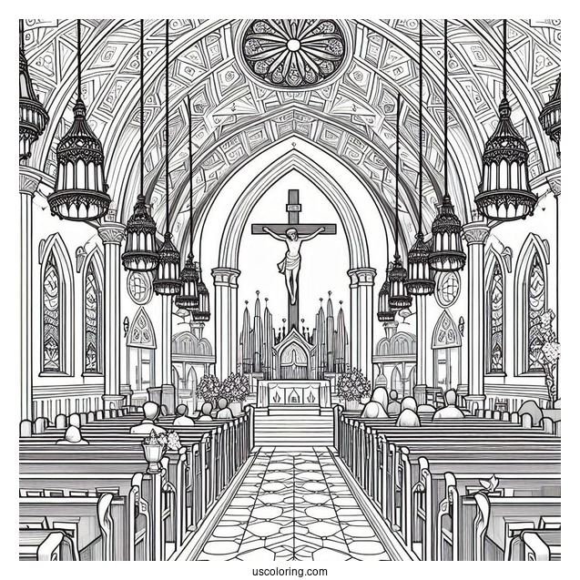 Church Coloring Page Interior With Pews, Stained Glass, And The Crucifixion