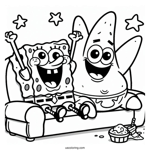 SpongeBob And Patrick Star Coloring Page Cheering On Sofa