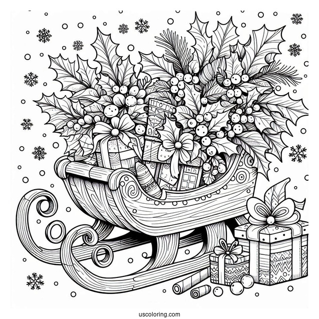 Christmas Coloring Pages For Adults Of Christmas Sled Filled With Hollies, Presents, And Mistletoes