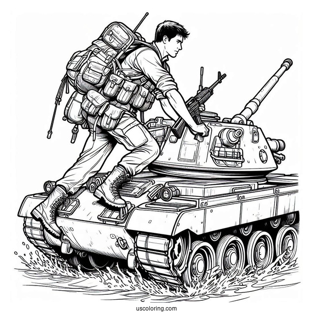 Soldier Coloring Page Climbing Out Of Military Battle Tank