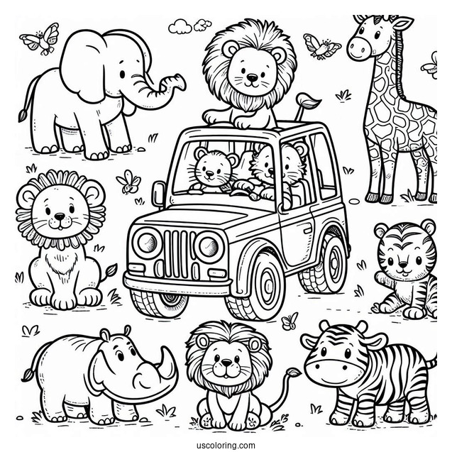 Jungle Coloring Page Of Elephant, Lion, Giraffe, Zebra, Tiger, Hippo, And Monkey Riding Car