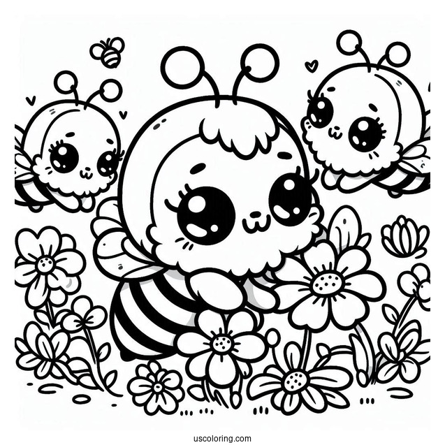 Kawaii Bee Coloring Page Collecting Flowers