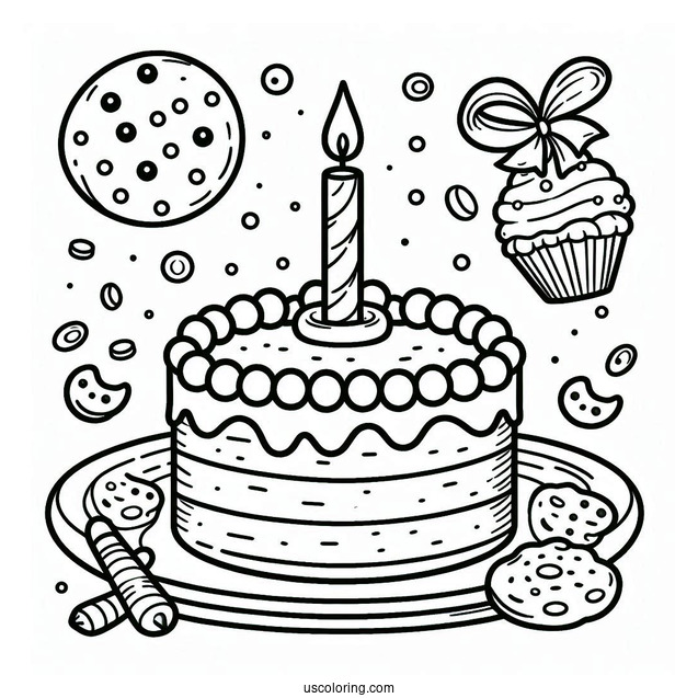 Cookie Birthday Cake With Candle Coloring Page For Kids