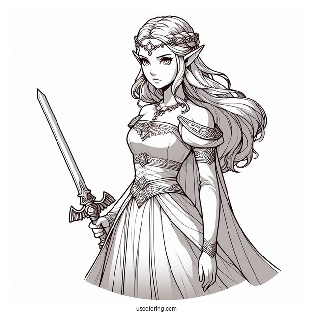 Princess Coloring Page Of Realistic Princess Zelda Holding Sword