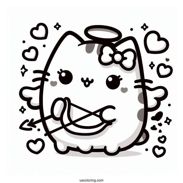 Pusheen Cupid With Bow And Love Hearts To Color