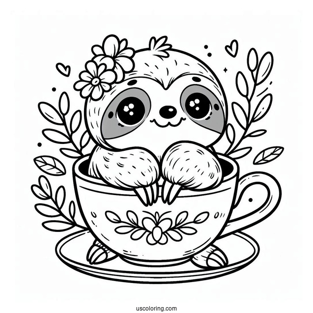 Kawaii Sloth Sitting In Teacup Coloring For Preschoolers