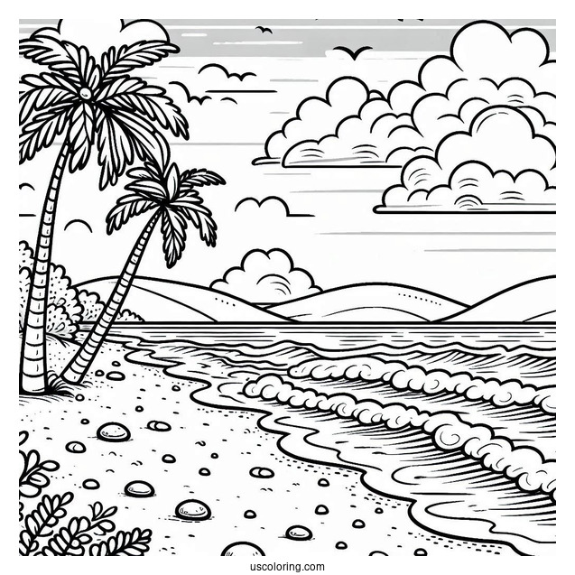 Easy Beach Coloring Page Shore With Trees