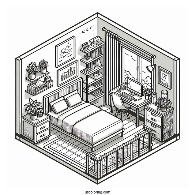 Small Isometric Bedroom Coloring Page With Study Desk And Balcony