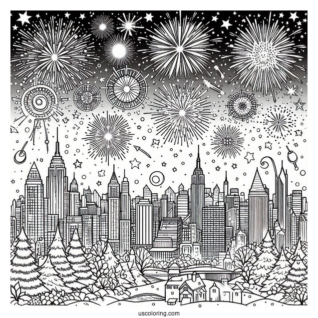 New Year Coloring Page Of Sky Covered With Fireworks In The City
