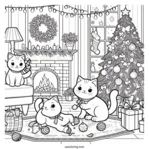 Christmas Coloring Pages For Adults Of Three Cats Playing In Living Room With Christmas Tree