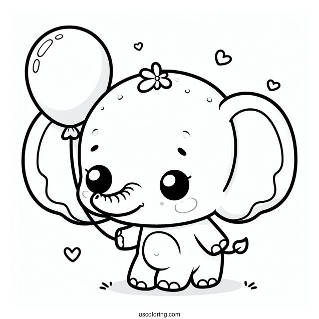 Kawaii Elephant Holding Balloon Coloring For Preschoolers