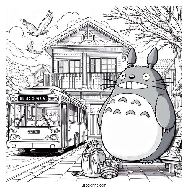 Studio Ghibli Coloring Page of Iconic My Neighbor Totoro At Bus Stop Poster