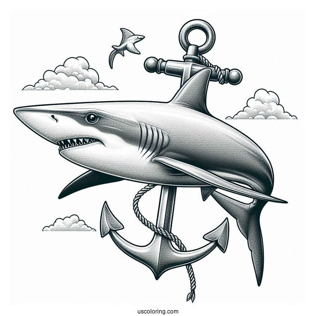 Realistic Hammerhead Shark Coloring Page With Anchor