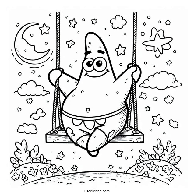 Detailed Patrick Star Coloring Page On A Swing