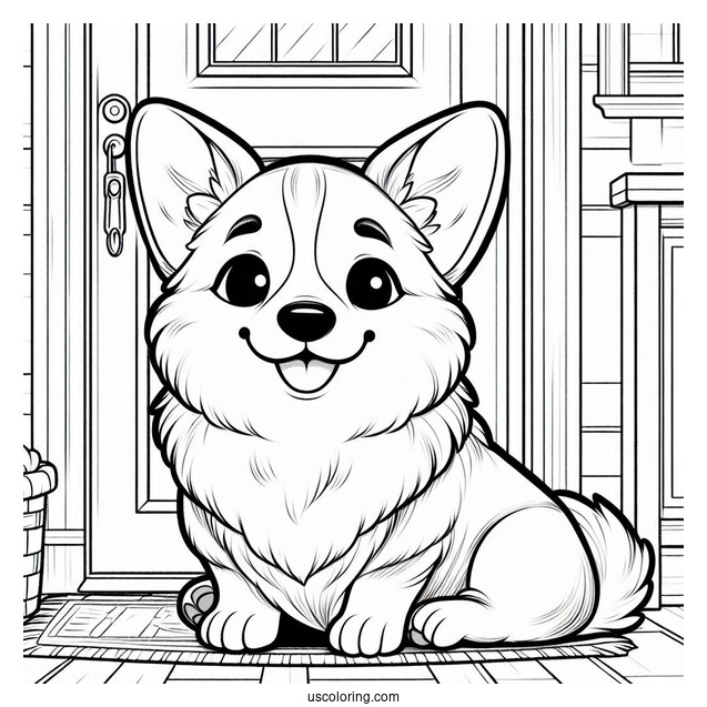 Smiling Corgi In Front Of Door To Color
