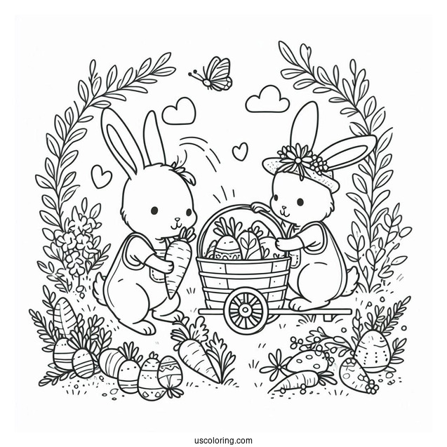 Easter Coloring Page Of Rabbits Harvesting Carrots And Easter Eggs