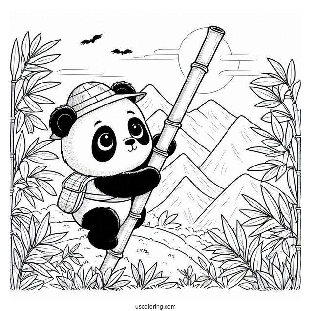 Explorer Panda Coloring Page Climbing Bamboo in the Mountains