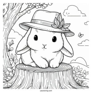 Rabbit Coloring Page With A Hat Sitting On A Tree Stump