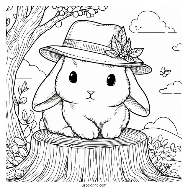 Rabbit Coloring Page With A Hat Sitting On A Tree Stump