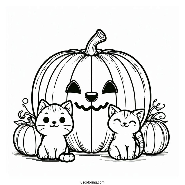 Pumpkin Coloring Page Of Cartoon Cats Beside A Large Jack O Lantern