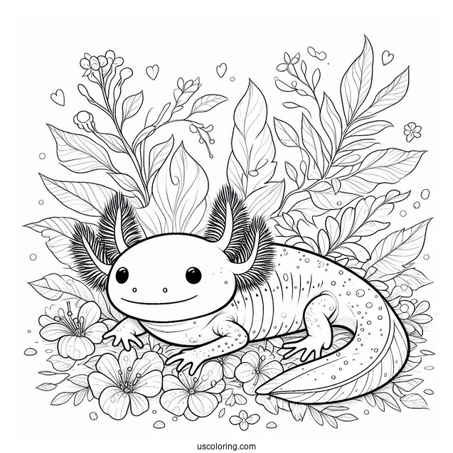 Shy Axolotl Coloring Page Hovering Above Flowers And Leaves