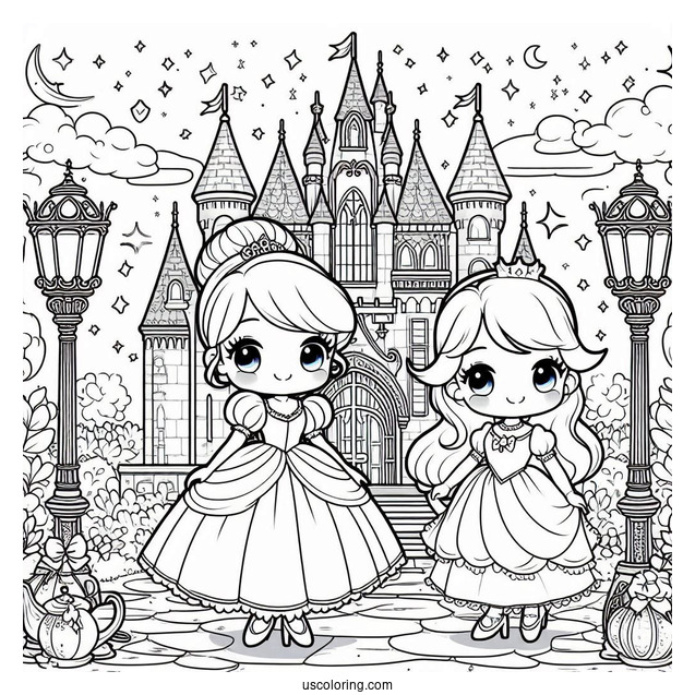 Chibi Cinderella Standing Outside The Castle With Lamps Coloring Sheet For Kids