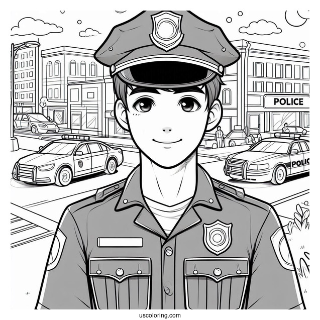 Police Officer In Front Of Police Station To Color