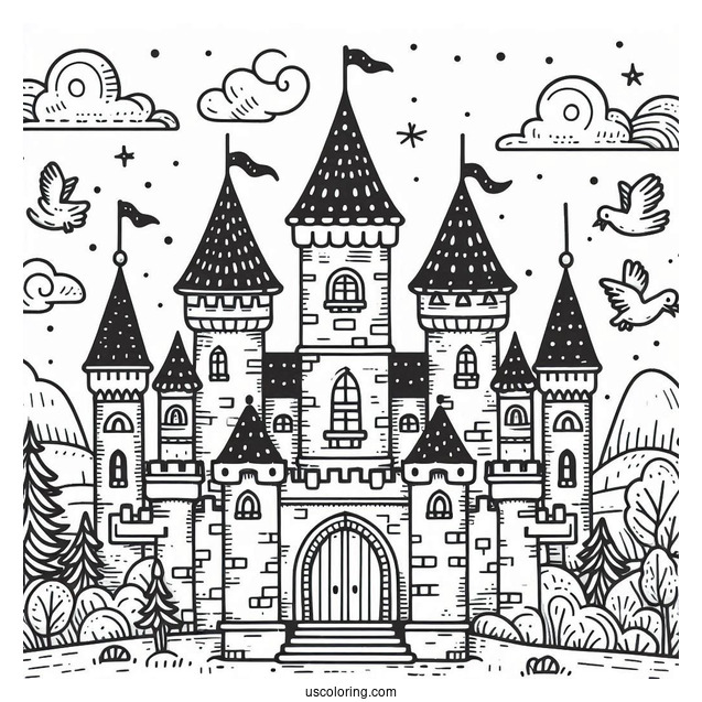 Simple Castle Coloring Page With High Tower In The Middle