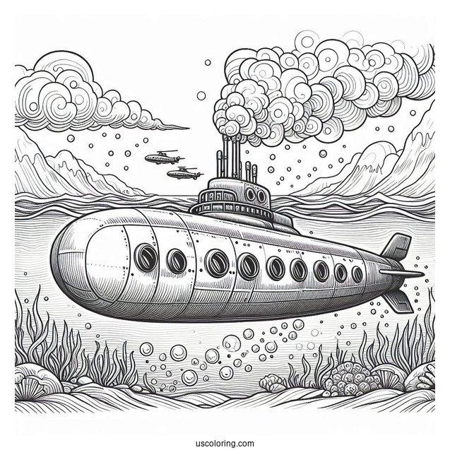 Giant Submarine Coloring Page Near The Surface Of The Water