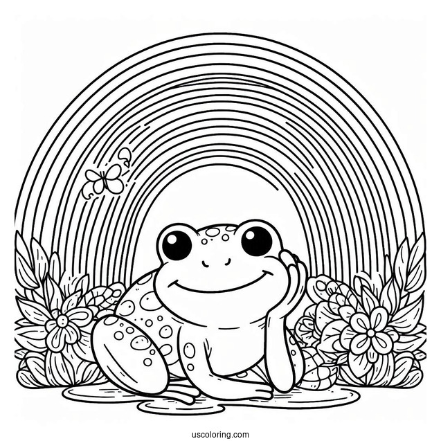 Smiling Frog Sitting Below A Rainbow Coloring Page