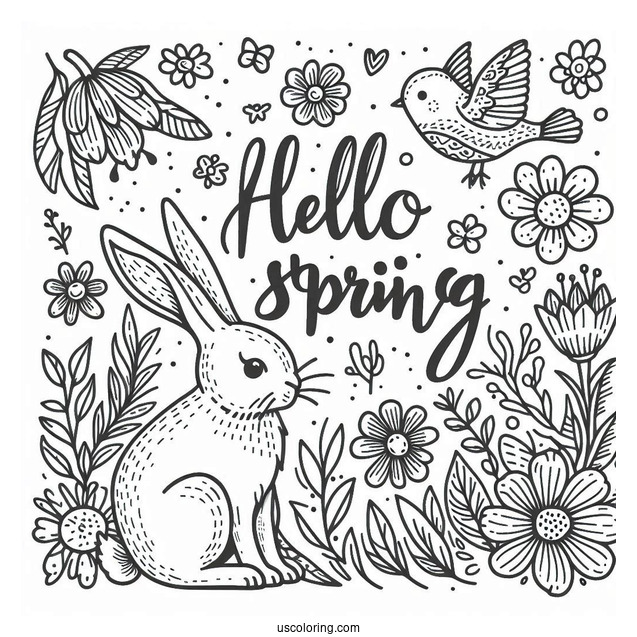 Hello Spring Words Above Rabbit And Bird In Spring Coloring Page