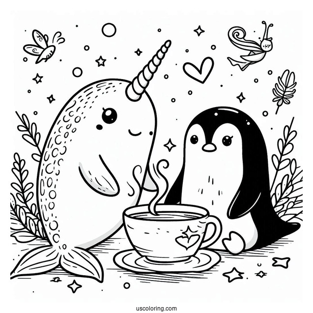 Narwhal Coloring Page Having Coffee With A Penguin