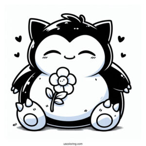 Kawaii Snorlax Coloring Page Holding Flower For Kids
