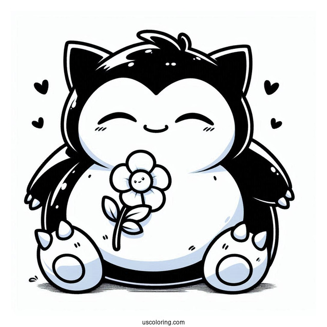 Kawaii Snorlax Coloring Page Holding Flower For Kids