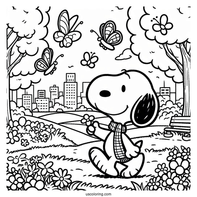 Snoopy Walking In Park With Butterflies
