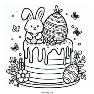 Coloring Page Of Easter Cake With Bunny And Egg Topper