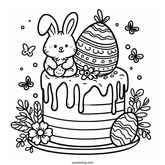Coloring Page Of Easter Cake With Bunny And Egg Topper